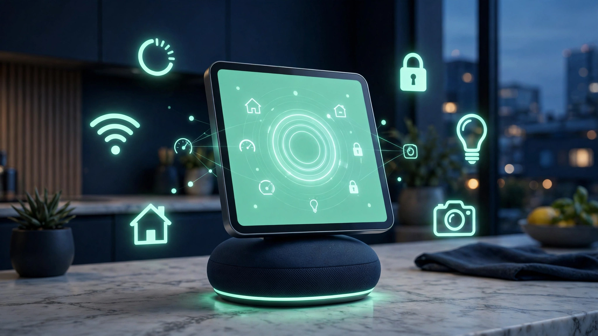 Apple HomeView smart home hub with Siri AI glowing on a kitchen counter