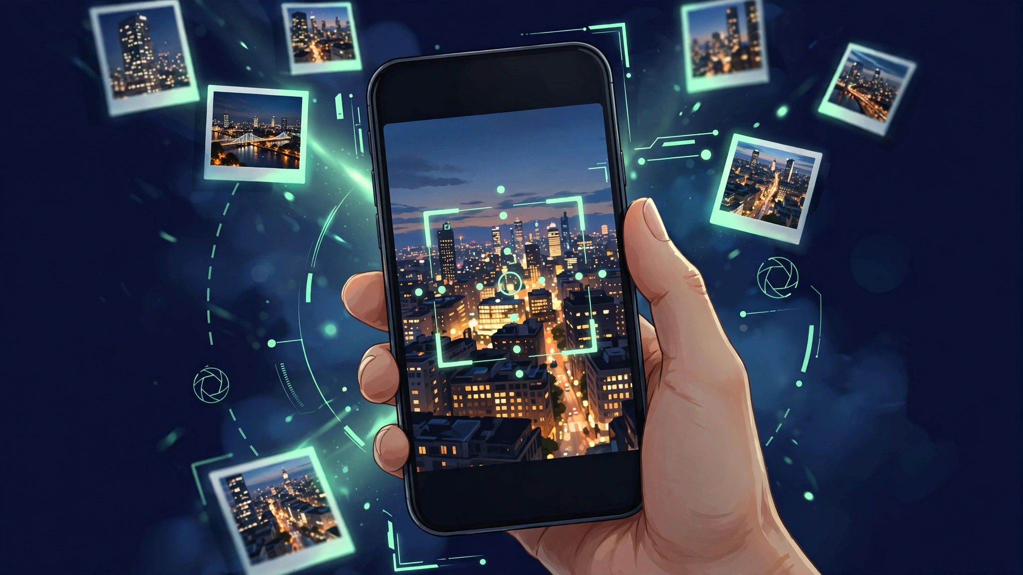 How to take better photos with phone: smartphone capturing a cityscape at dusk