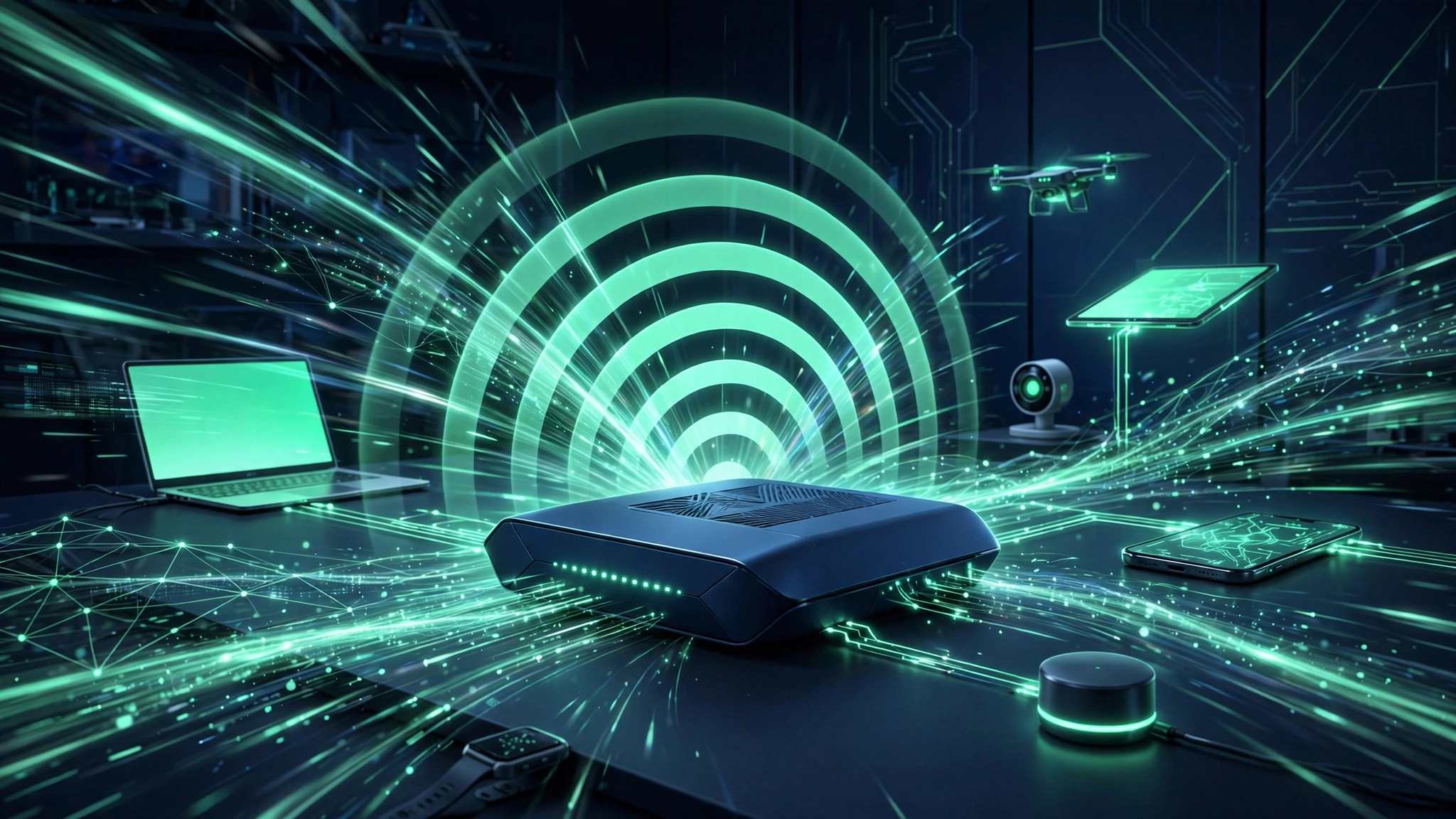 What is Wifi 7: router emitting fast wireless signals across a dark room