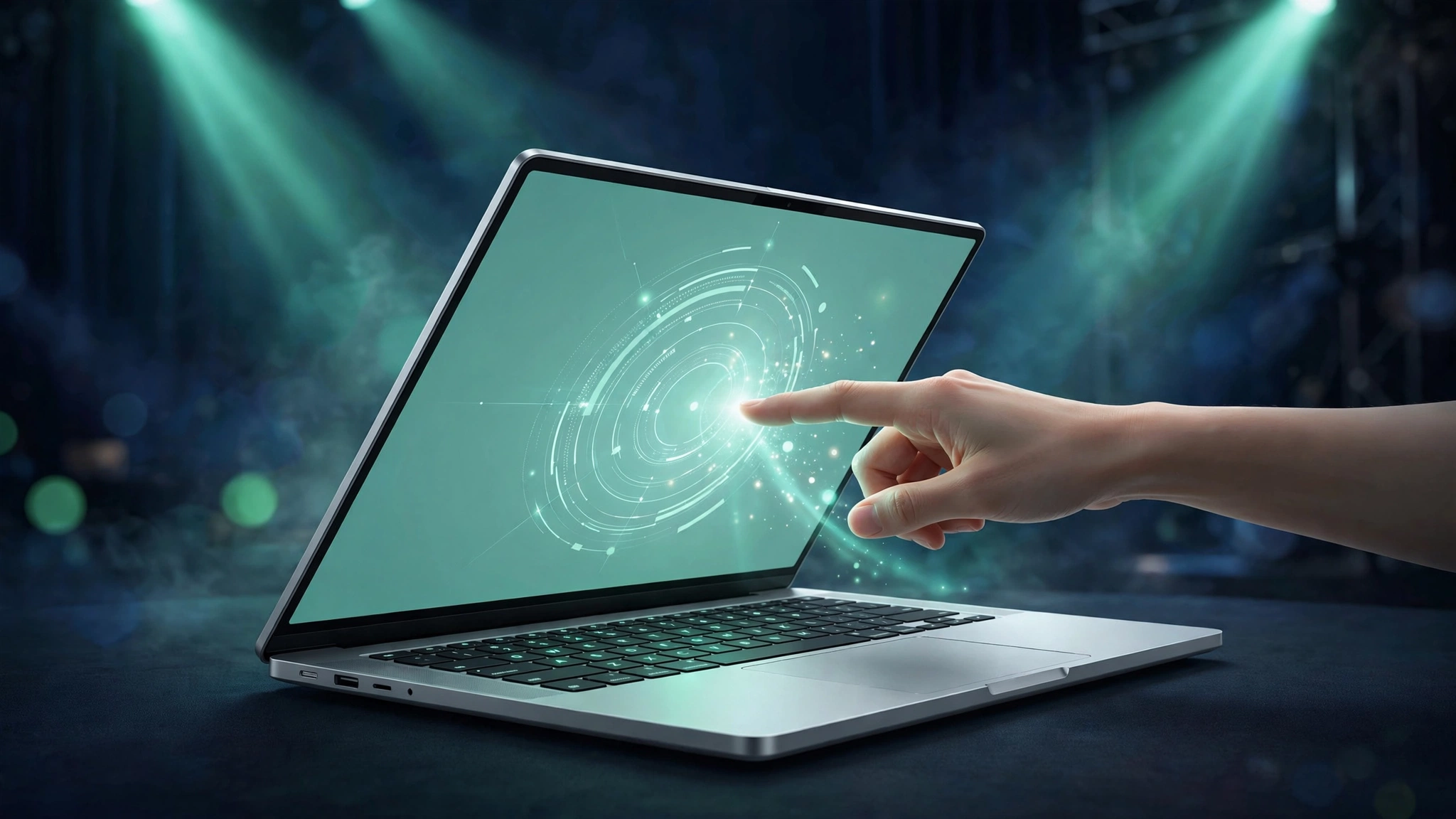 Apple Pro and Tell event: premium laptop with fingertip touching its glowing screen under mint spotlights on a dark navy stage