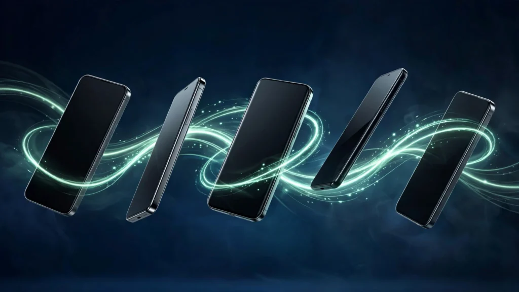 Best budget smartphones 2026 lineup: affordable phones floating with mint green light trails on dark background