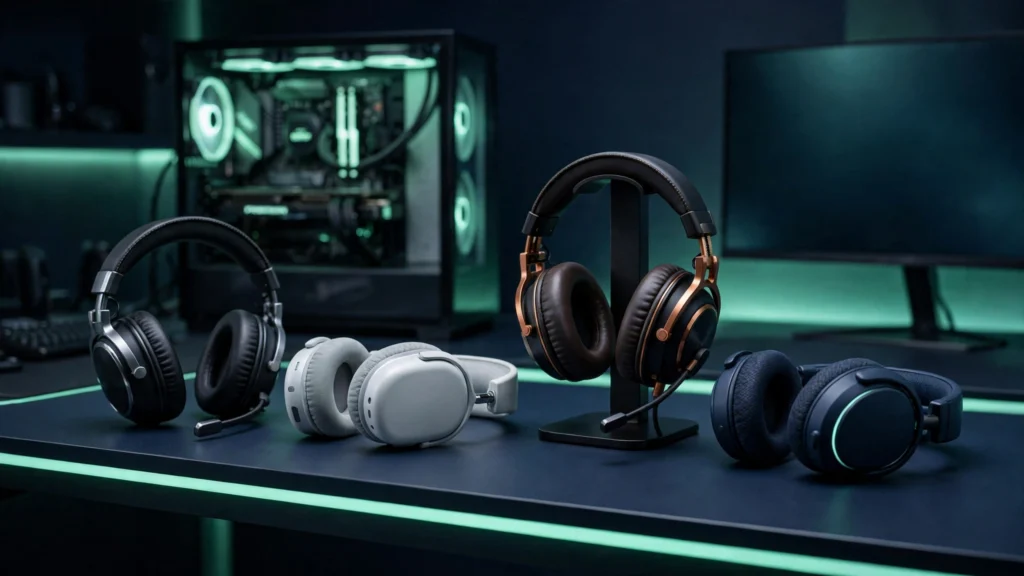 Best gaming headsets 2026 arranged on a desk with RGB gaming setup