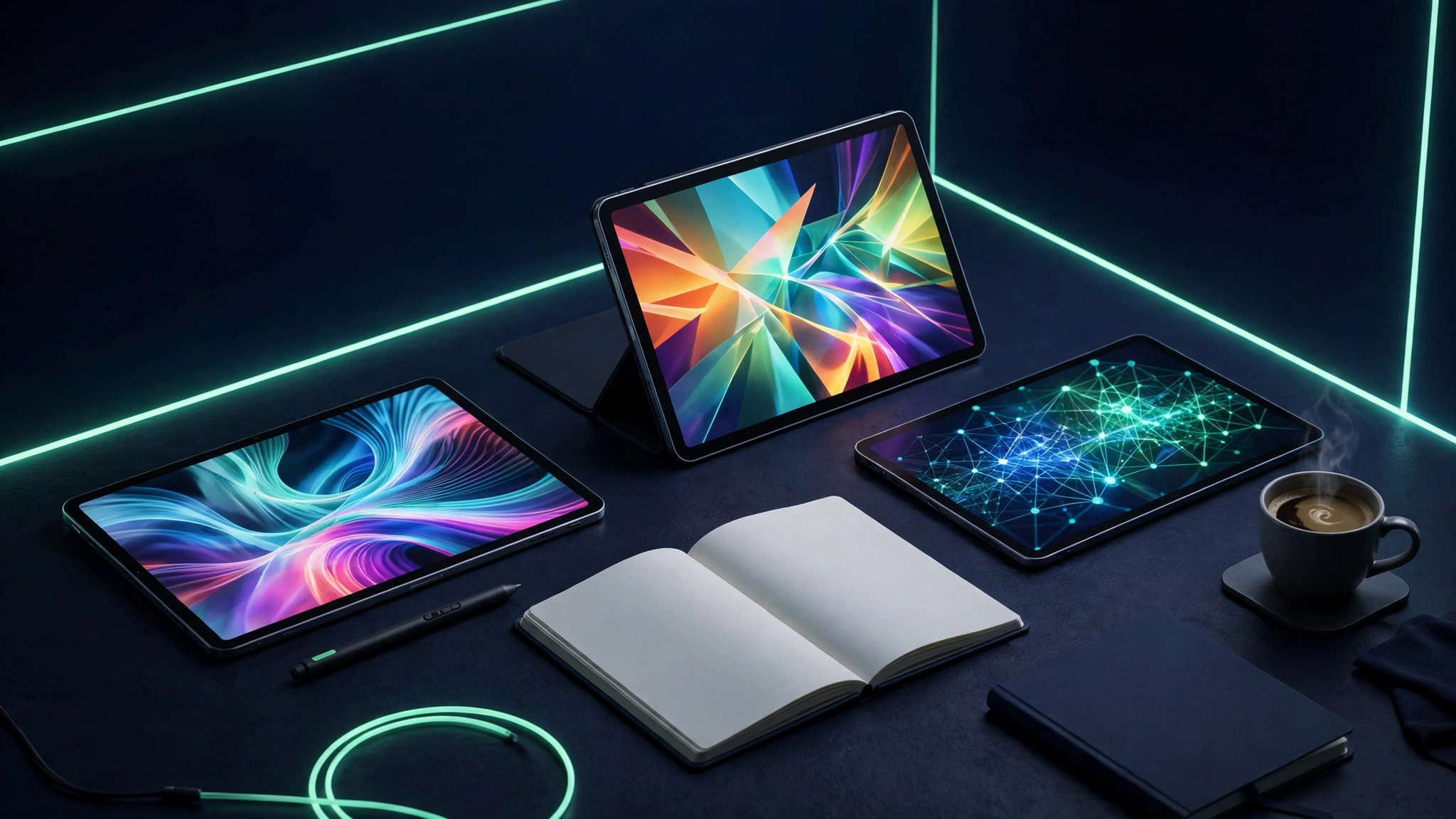 Best tablets 2026 lineup of modern tablets with stylus on a desk