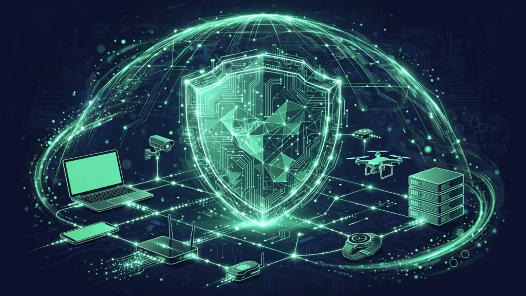 Best VPN 2026: glowing digital shield protecting a network of connected devices in dark navy and mint green