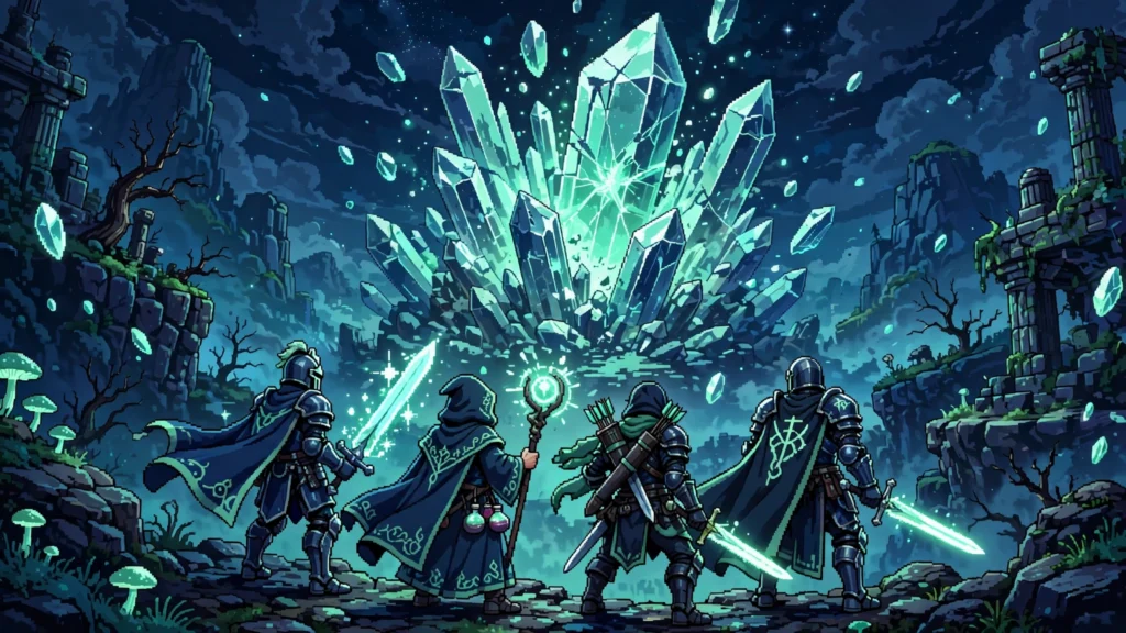 Final Fantasy Resonance HD-2D heroes before a shattered crystal in a fantasy landscape