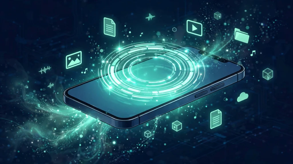 How to free up storage on phone: smartphone with glowing storage gauge and data particles