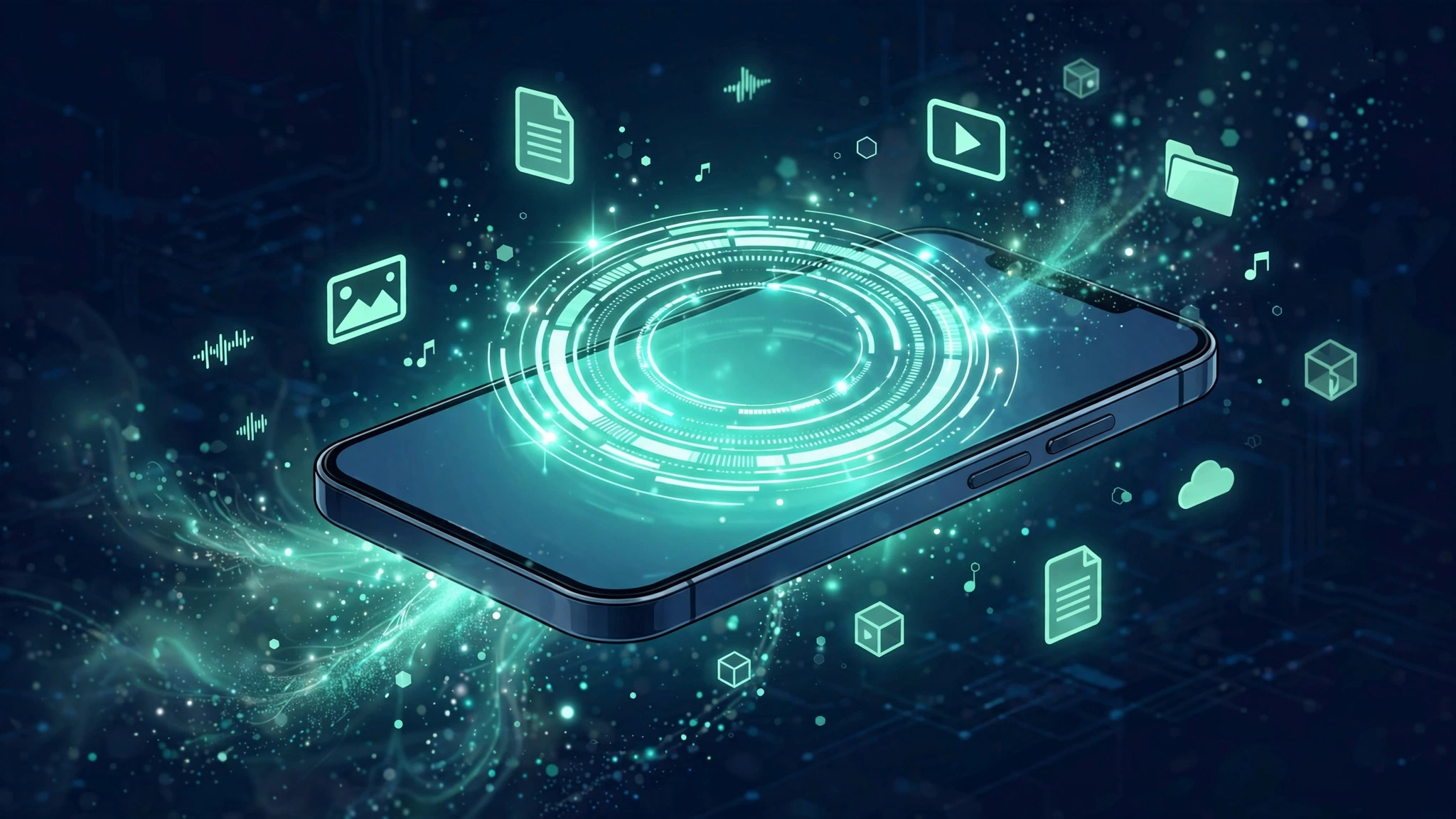 How to free up storage on phone: smartphone with glowing storage gauge and data particles