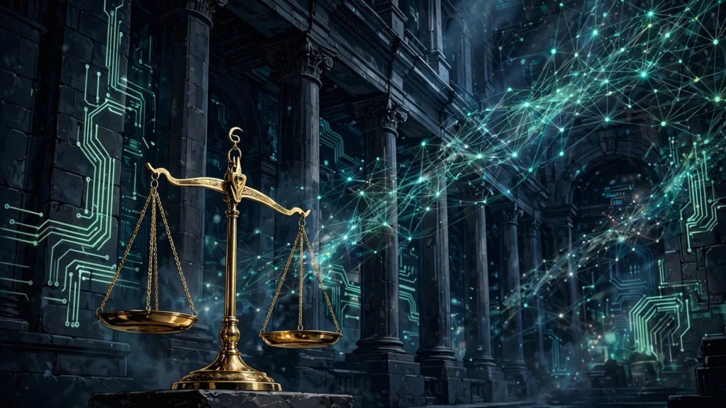 FTC subpoenas OpenAI and Anthropic concept: courthouse columns with AI circuit patterns and scales of justice