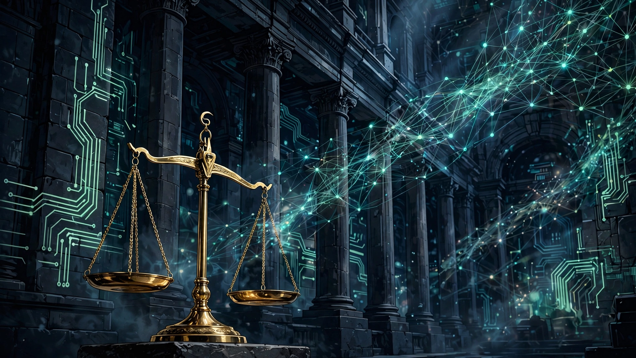 FTC subpoenas OpenAI and Anthropic concept: courthouse columns with AI circuit patterns and scales of justice