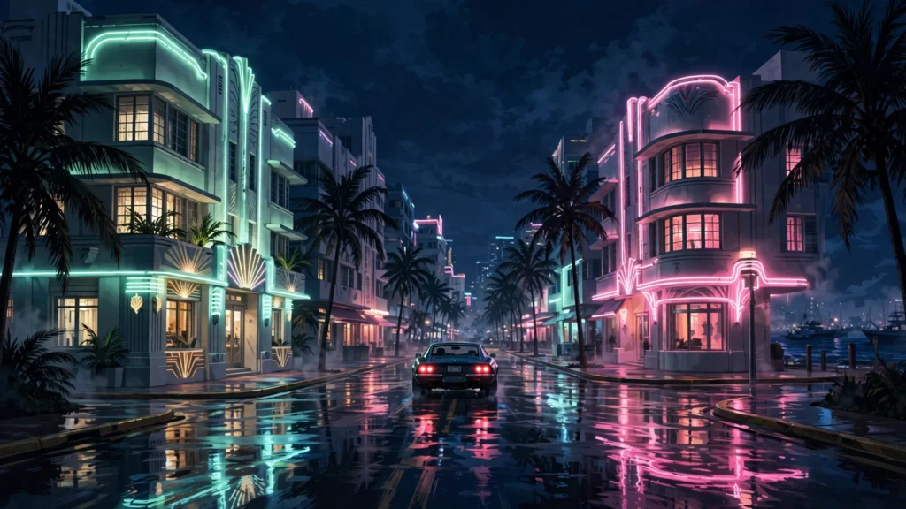 GTA 6 launch trailer key art showing a neon-lit Vice City-style coastal street at night