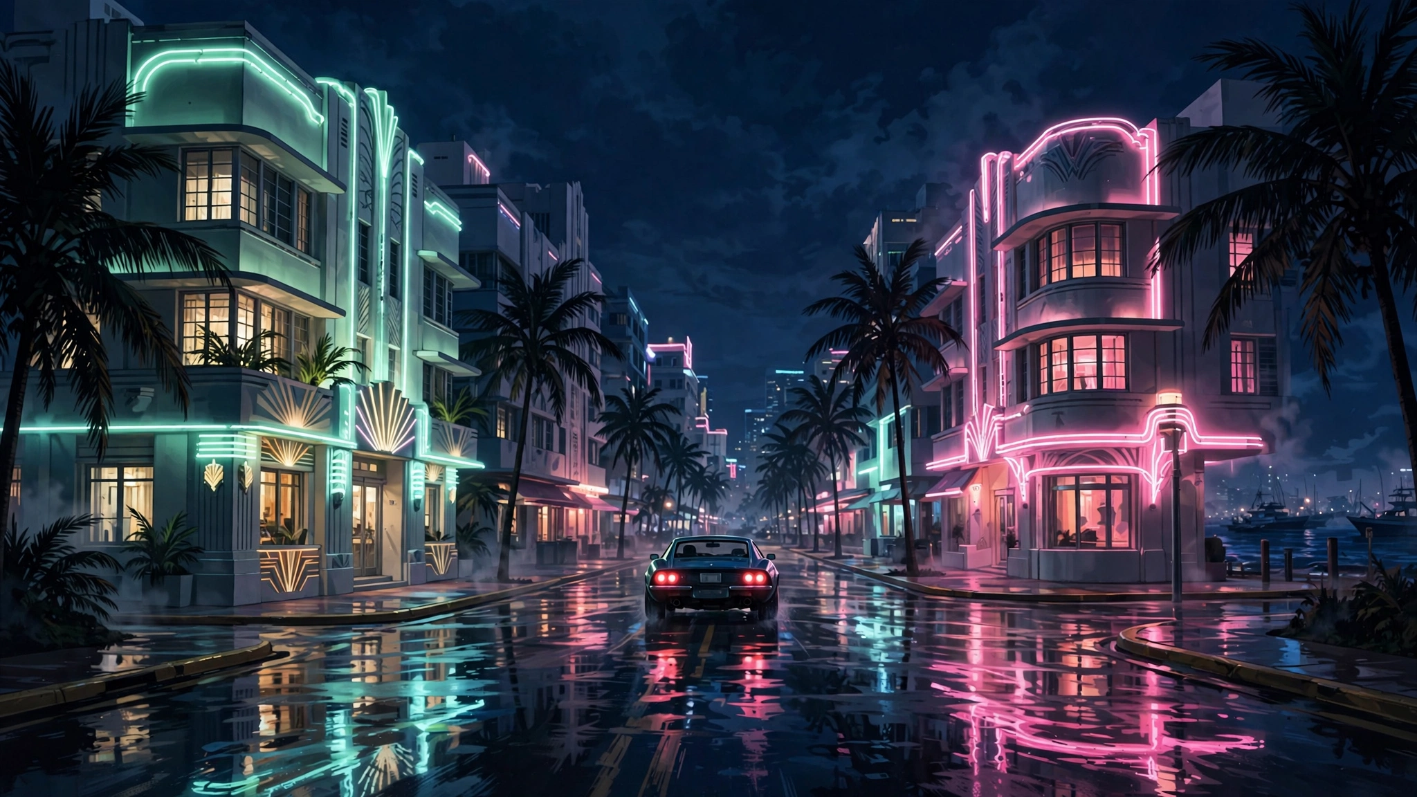 GTA 6 launch trailer key art showing a neon-lit Vice City-style coastal street at night