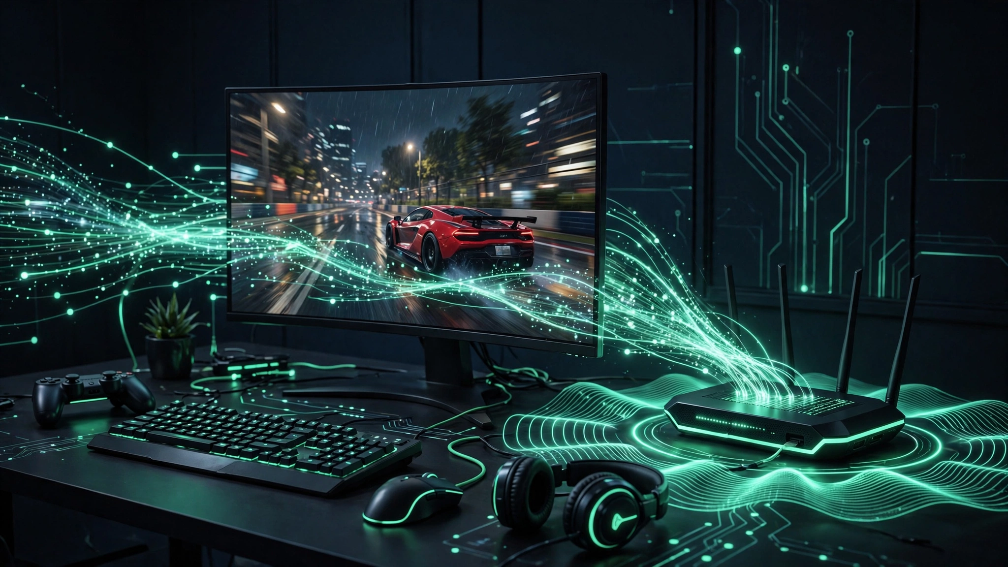 How to reduce ping in online games: gaming setup with network data flowing to a router