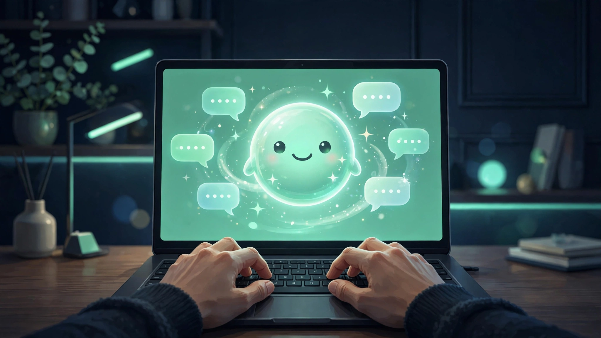 How to use Microsoft Copilot: laptop with a glowing AI assistant orb and chat bubbles, hands typing, dark navy background with mint lighting