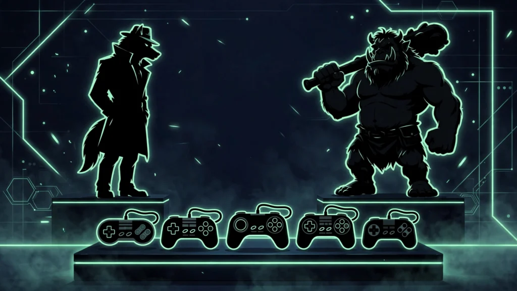ID@Xbox October 2026 showcase with noir detective wolf and cartoon hero game characters on a dark stage