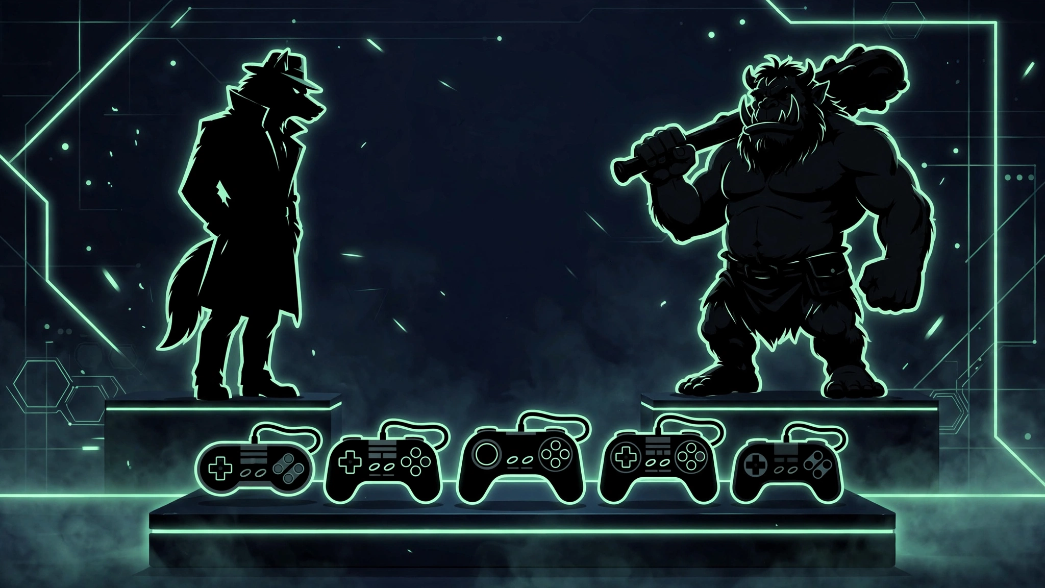 ID@Xbox October 2026 showcase with noir detective wolf and cartoon hero game characters on a dark stage
