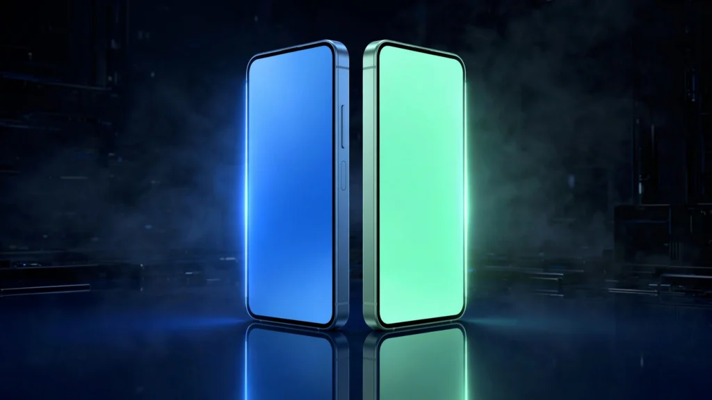 iPhone vs Android 2026 comparison: two smartphones side by side with blue and mint green lighting