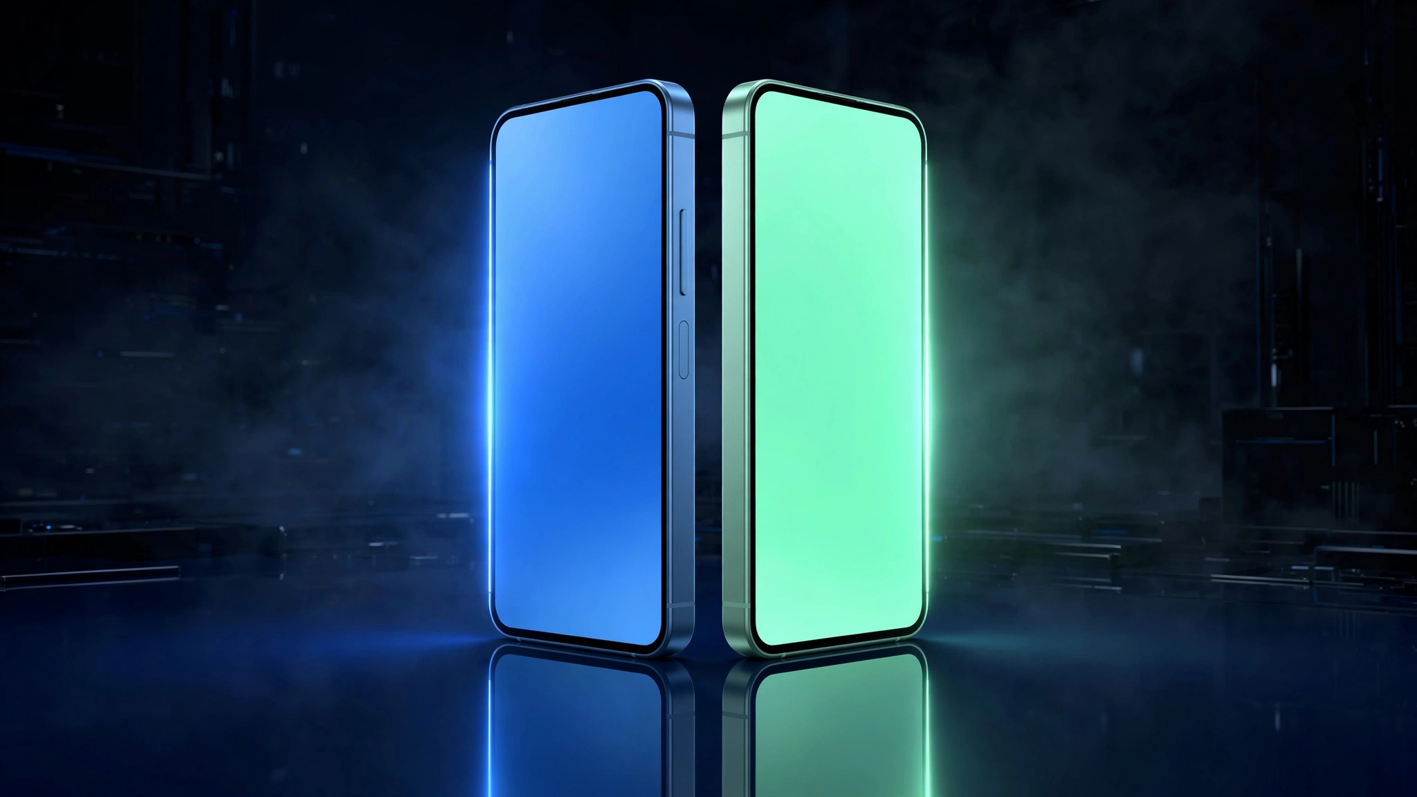 iPhone vs Android 2026 comparison: two smartphones side by side with blue and mint green lighting