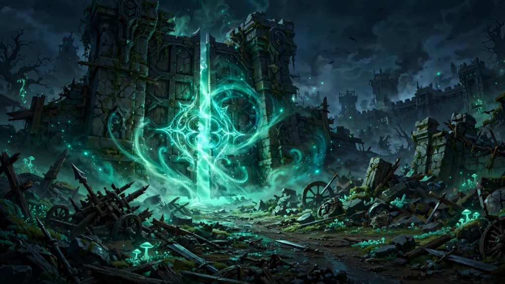 League of Legends Classic shutdown: dark fantasy MOBA battlefield scene with a closing gate and teal-green magical glow