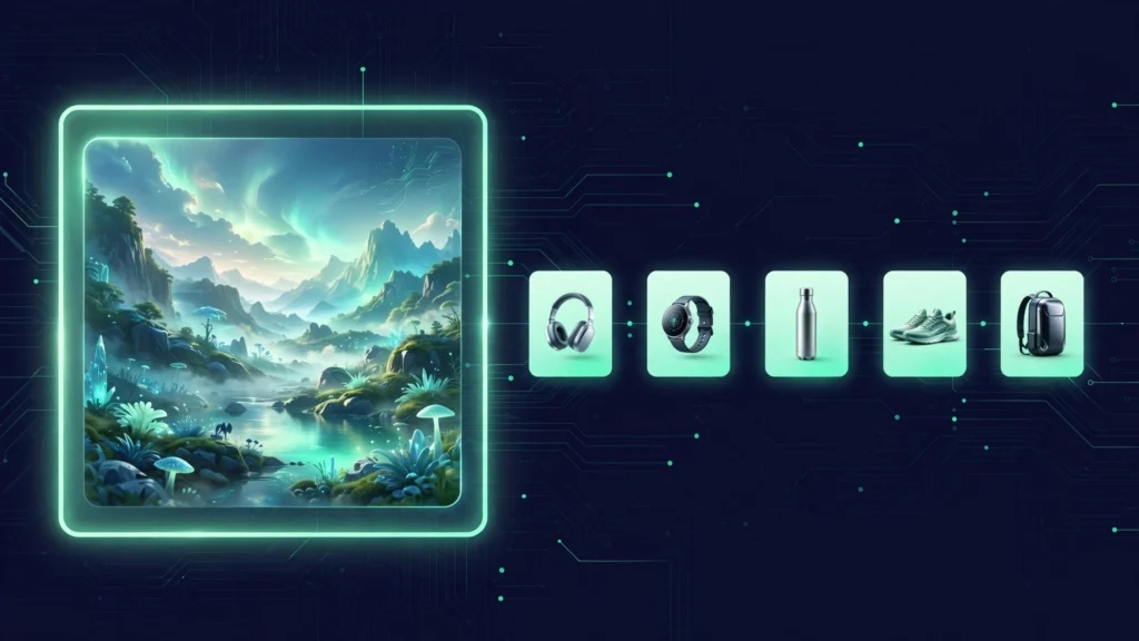 ChatGPT visual ads concept showing product carousel beside AI-generated image