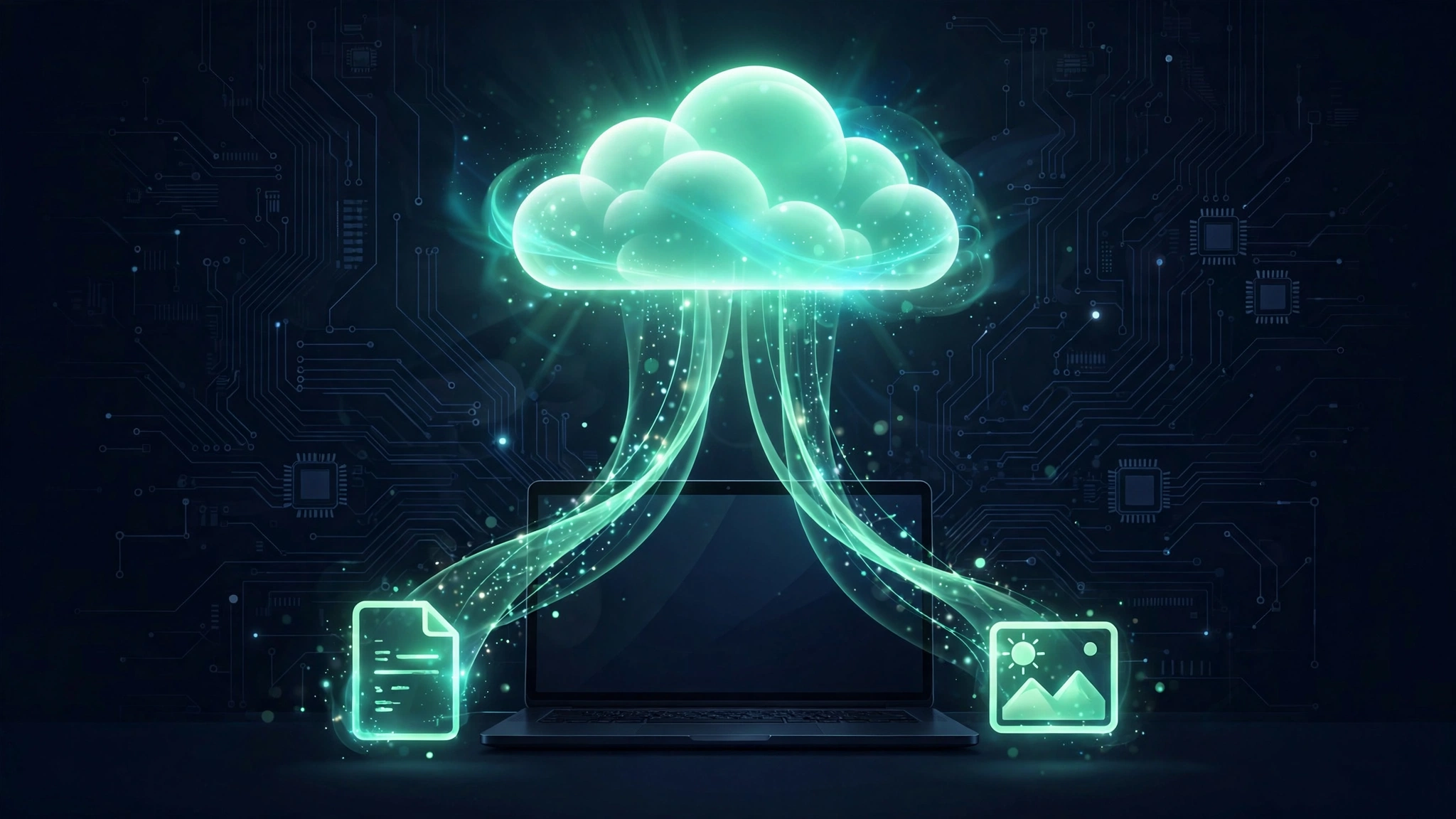 Microsoft OneDrive Copilot event: glowing cloud with mint AI ribbons flowing into documents above a laptop on a dark navy background