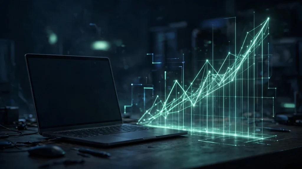 PC prices 2026: laptop on a dark desk next to a rising price chart showing the Q3 2026 shipment slump