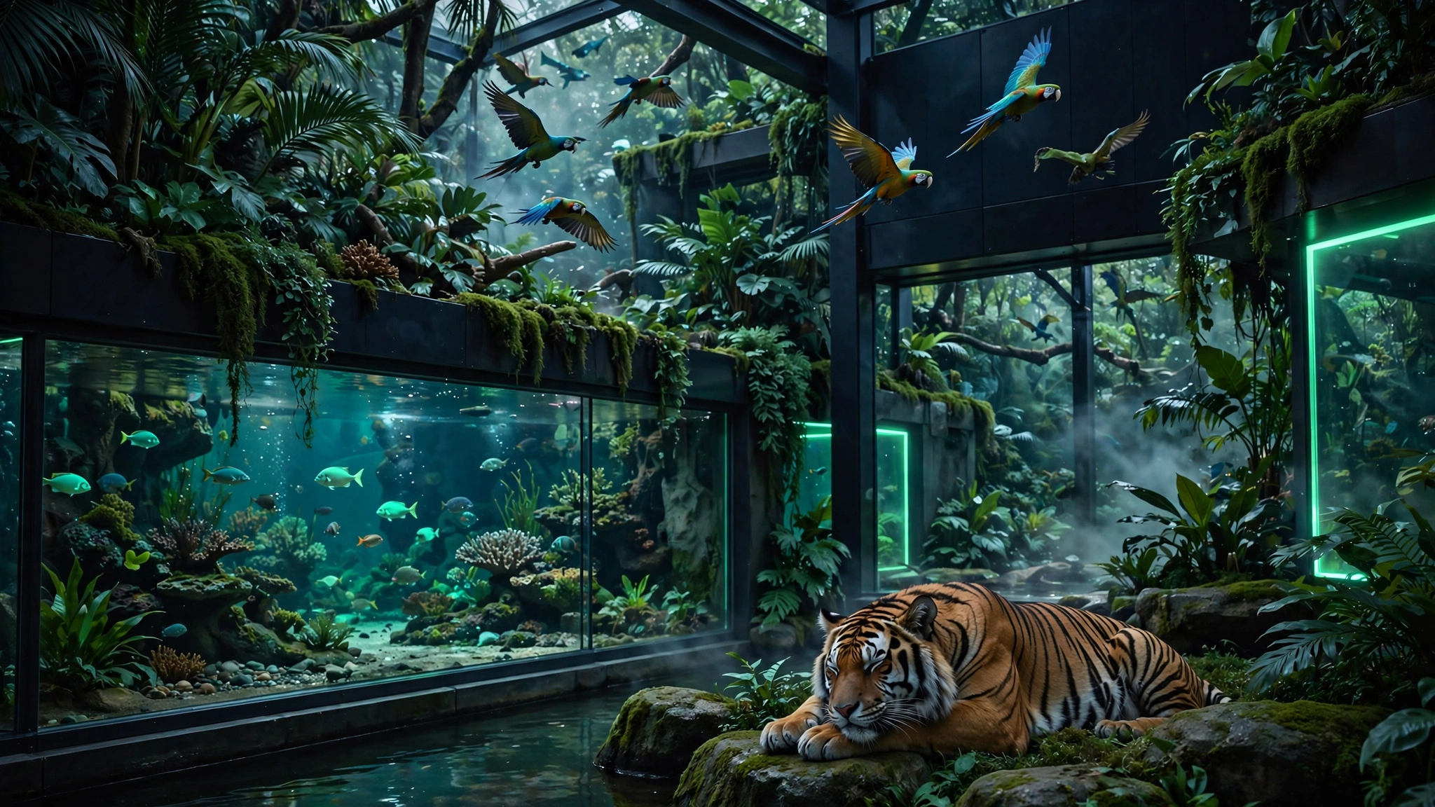 Planet Zoo 2 gameplay scene with tiger habitat, aviary, and aquarium glass walls