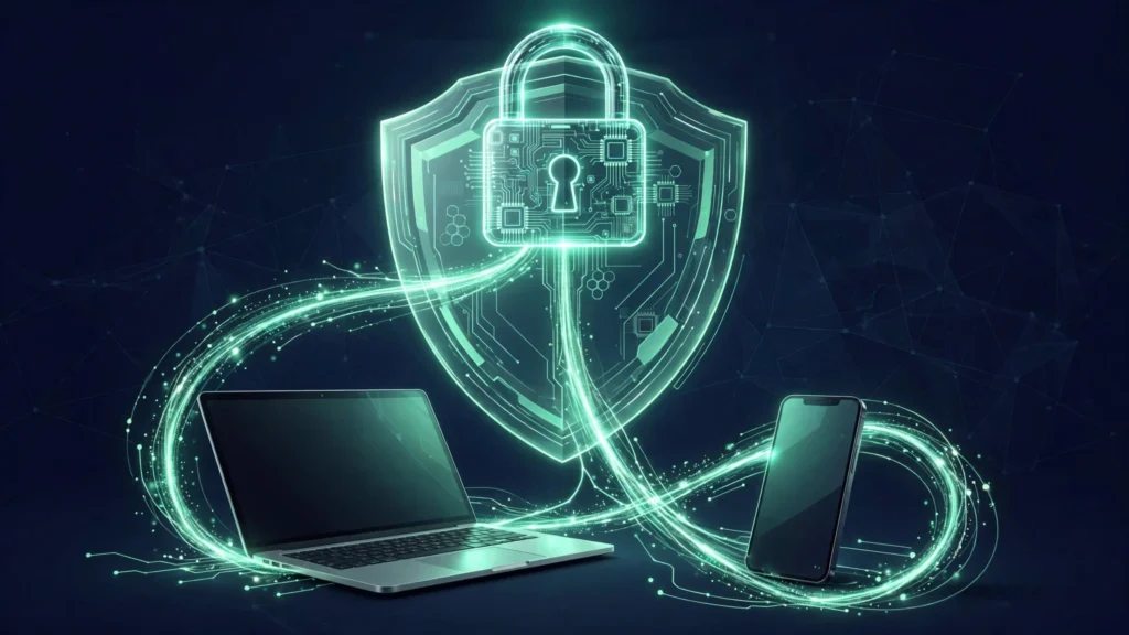 How to protect your privacy online 2026 with padlock shield securing laptop and phone