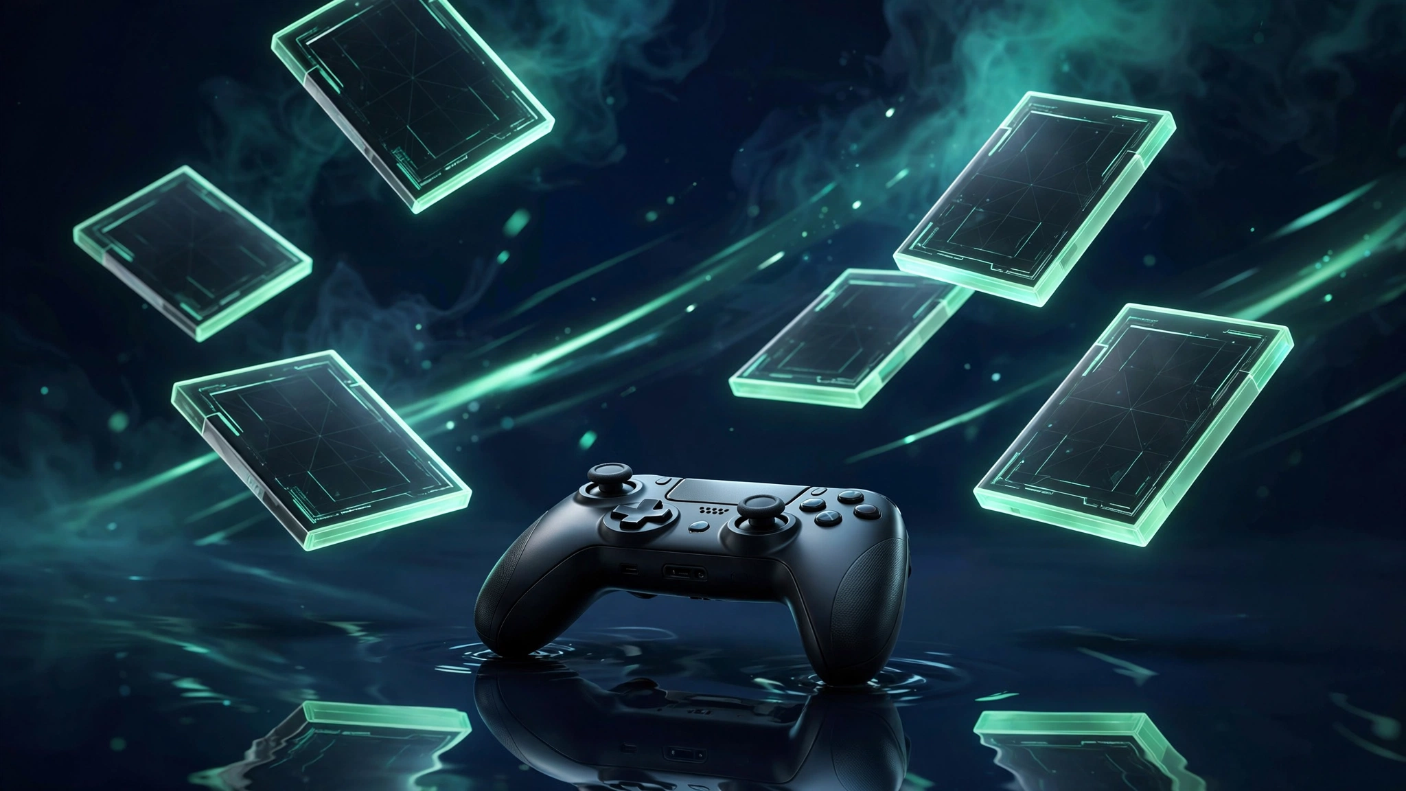 PS Plus Extra October 2026 games: game controller on a dark navy surface surrounded by glowing mint-edged game cases