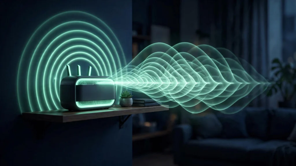 How to speed up WiFi: glowing router sending strong mint-green signal waves through a dark modern home