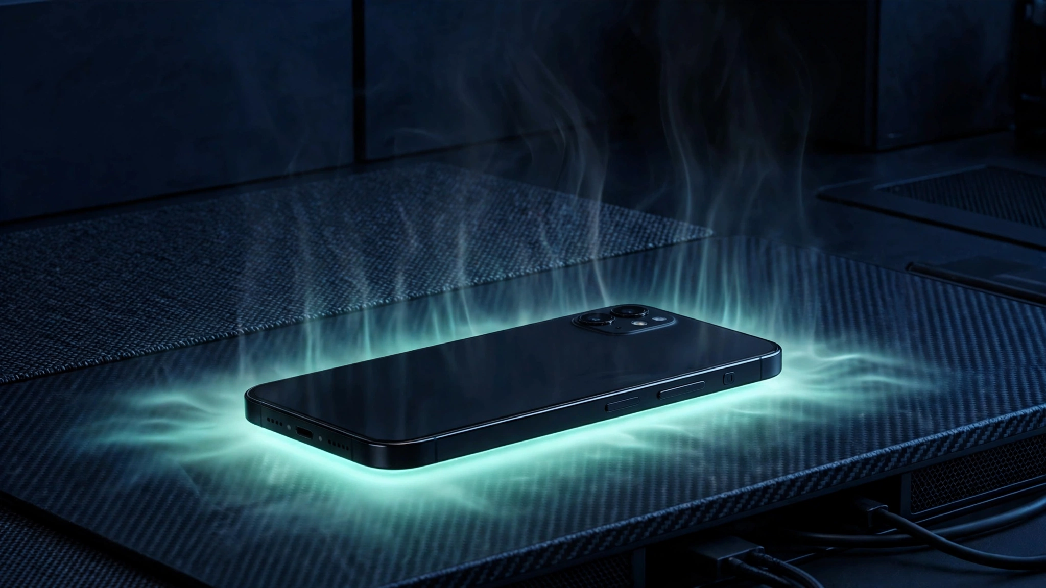 Stop phone overheating smartphone cooling down on dark desk with mint glow